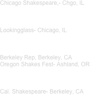 Chicago Shakespeare,- Chgo, IL 



Lookingglass- Chicago, IL



Berkeley Rep, Berkeley, CA
Oregon Shakes Fest- Ashland, OR



Cal. Shakespeare- Berkeley, CA




