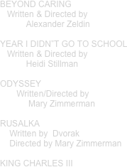 BEYOND CARING 
   Written & Directed by 
           Alexander Zeldin

YEAR I DIDN”T GO TO SCHOOL
   Written & Directed by 
           Heidi Stillman

ODYSSEY
       Written/Directed by  
            Mary Zimmerman

RUSALKA
    Written by  Dvorak
    Directed by Mary Zimmerman

KING CHARLES III

   

