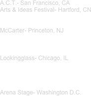 A.C.T.- San Francisco, CA
Arts & Ideas Festival- Hartford, CN


McCarter- Princeton, NJ 



Lookingglass- Chicago, IL 




Arena Stage- Washington D.C. 