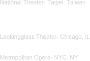 National Theater- Taipei, Taiwan




Lookingglass Theater- Chicago, IL


Metropolitan Opera- NYC, NY